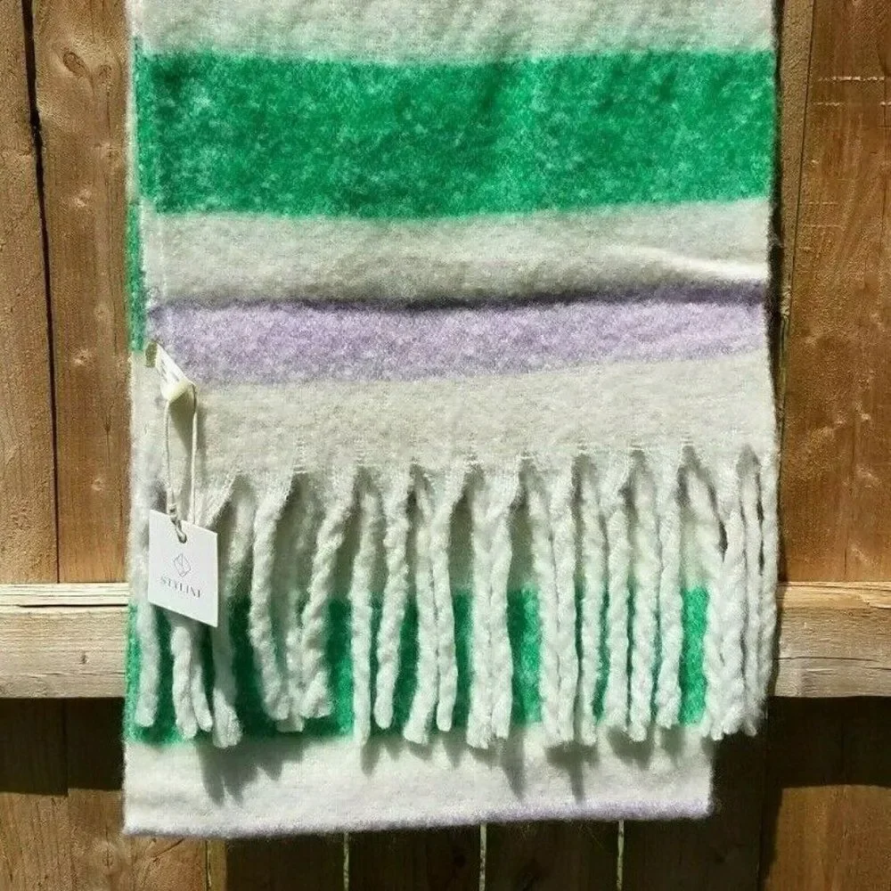 Green Purple Scarf Winter Green Fringed Striped BIG 84